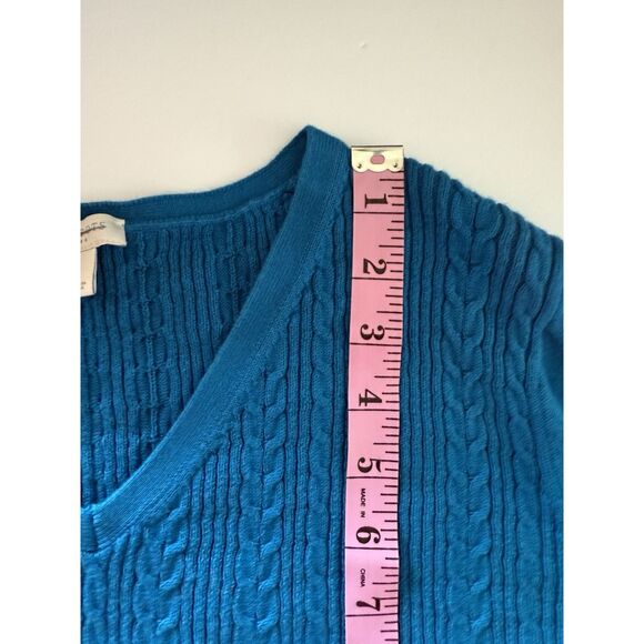 Talbots Cable Knit Sweater Lightweight V Neck Teal Blue Cotton Knit Preppy Large - Picture 14 of 16